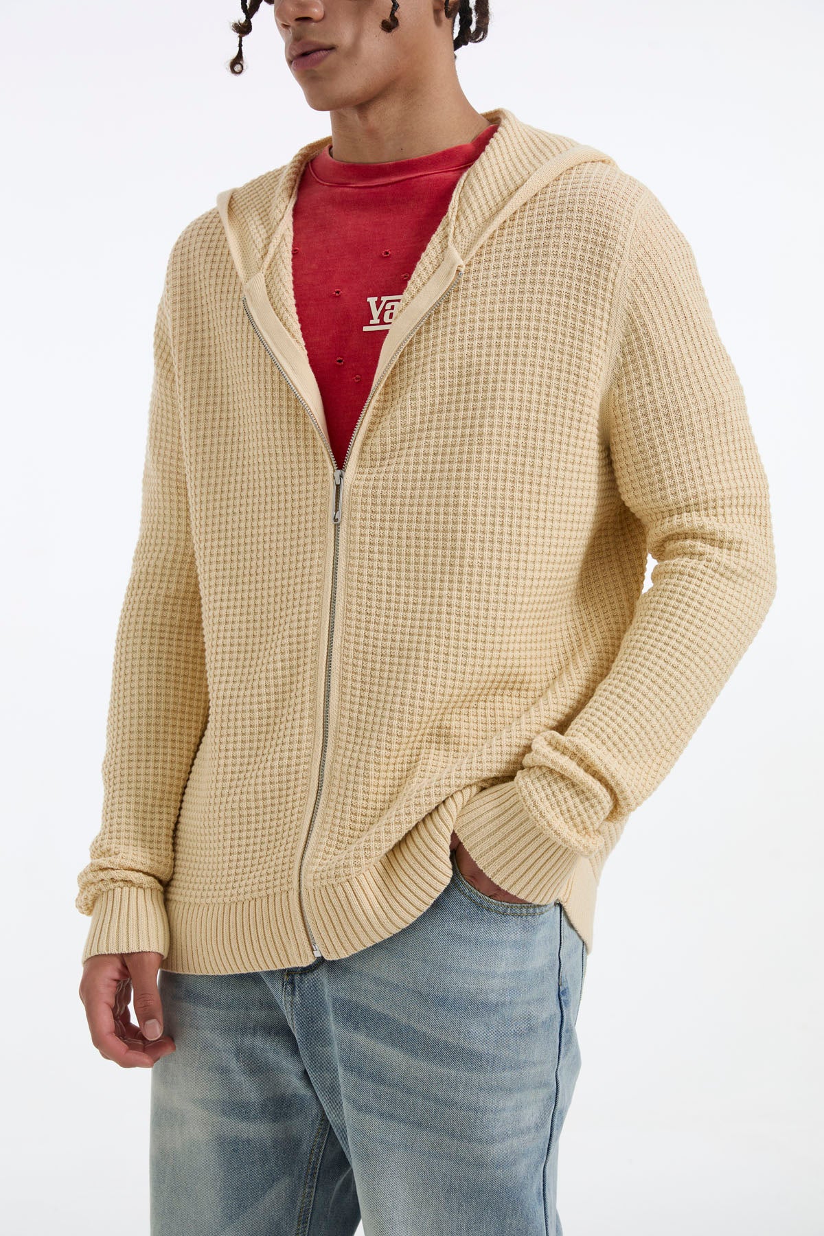 Waffle Knit Zip-Up Hoodie - Brown