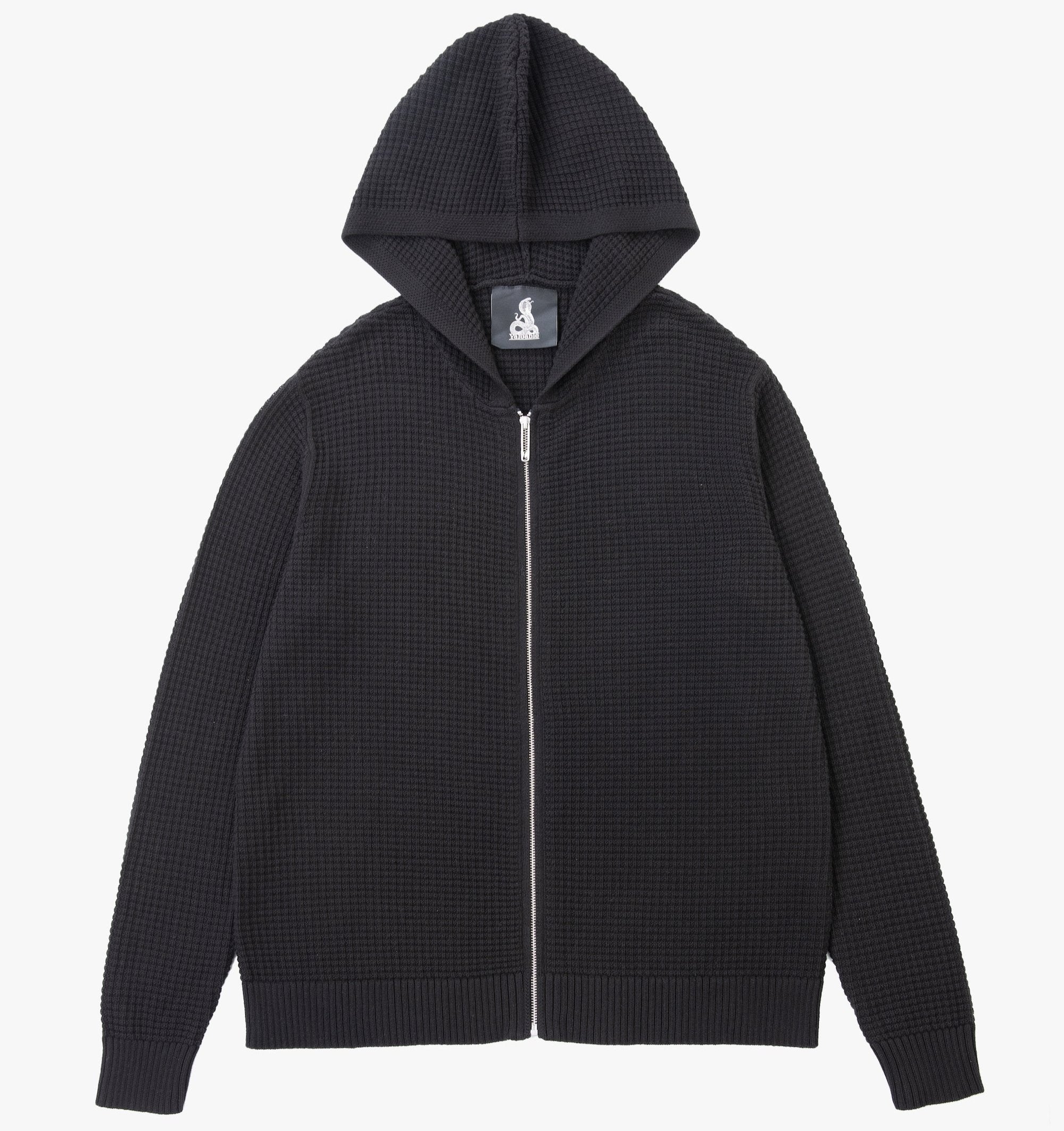 Waffle Knit Zip-Up Hoodie - Black