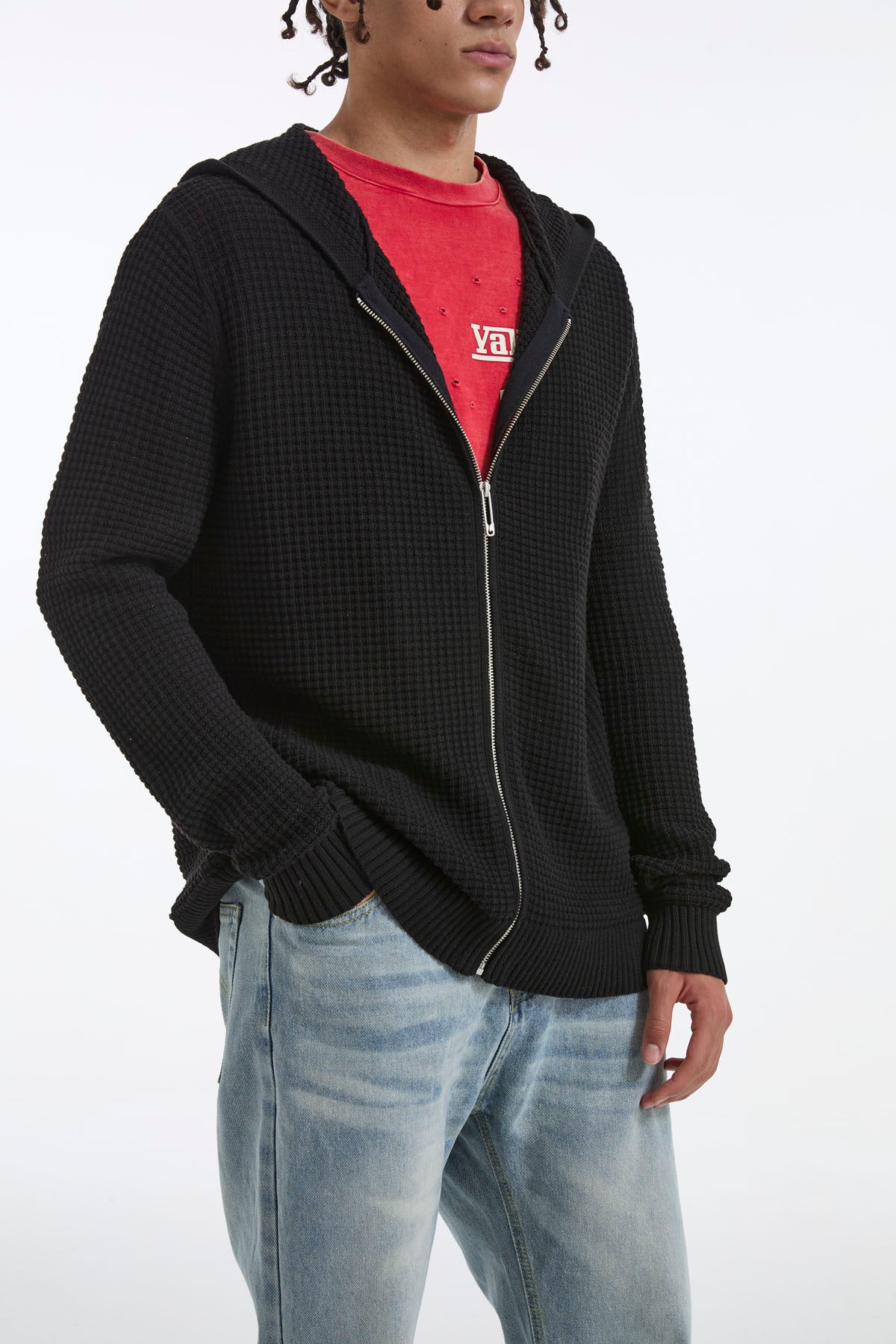 Waffle Knit Zip-Up Hoodie - Black